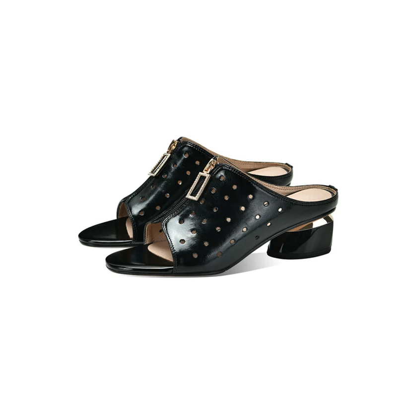 

2022 New Summer Personality Hollow Women's Shoes Genuine Leather Zipper Strange Style Design Slippers Fashion Roman Shoes