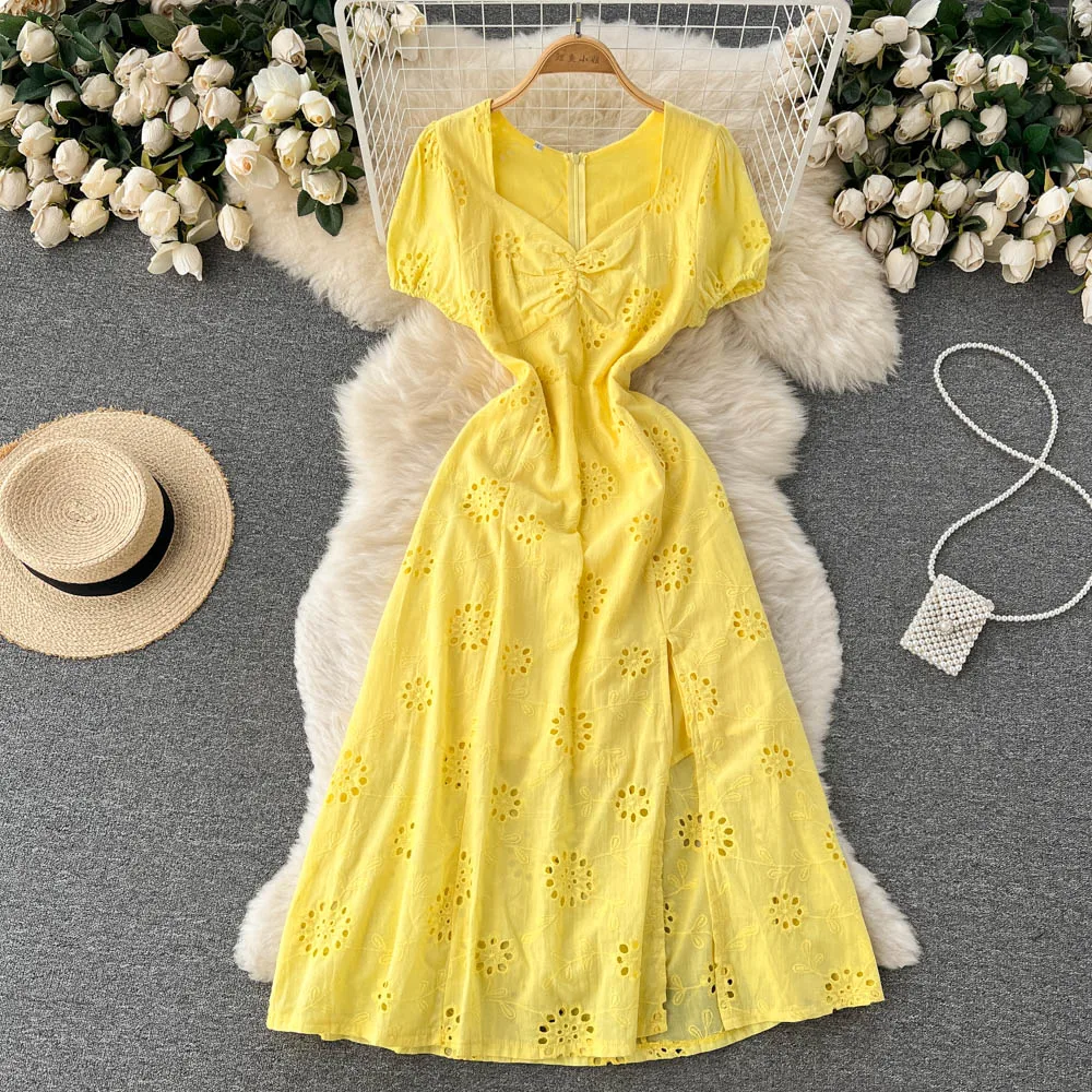 

Women Summer New Fashion Hollow Embroidery Square Neck Short Sleeve A-line Dress Solid Color Split Elegant Clothes Vestidos D948