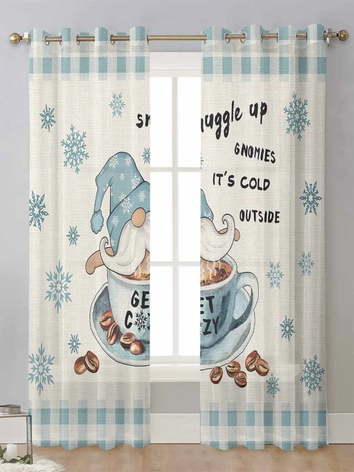 

Coffee Gnome Snowflake Winter Sheer Curtains For Living Room Window Transparent Voile Tulle Curtain Cortinas Drapes Home Decor