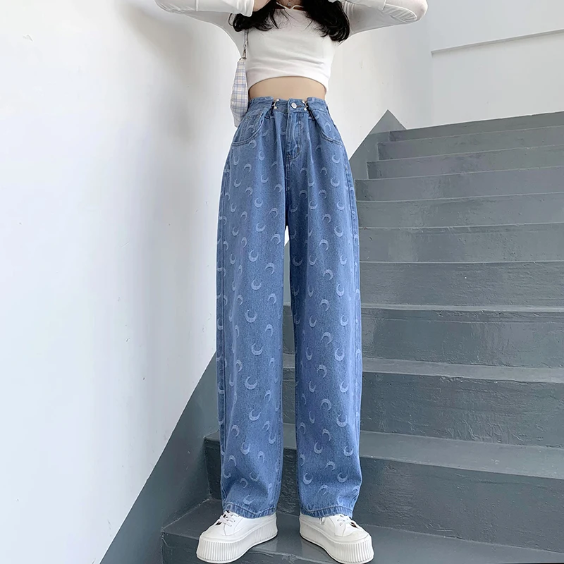 

Casual Jeans Women Moon Print High Waist Adjustable Buttons Loose Straight Jeans Plus Size Long Pants 2022 Spring Summer