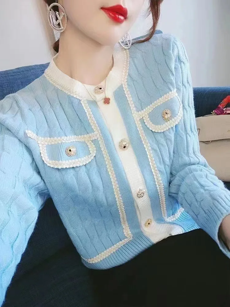 

Autumn Winter Fashion Ribbon Splicing Thick Sweater Coat Women's Twist Knitwear Short Cardigan Sky Blue Sweet Girl Coat Y2k