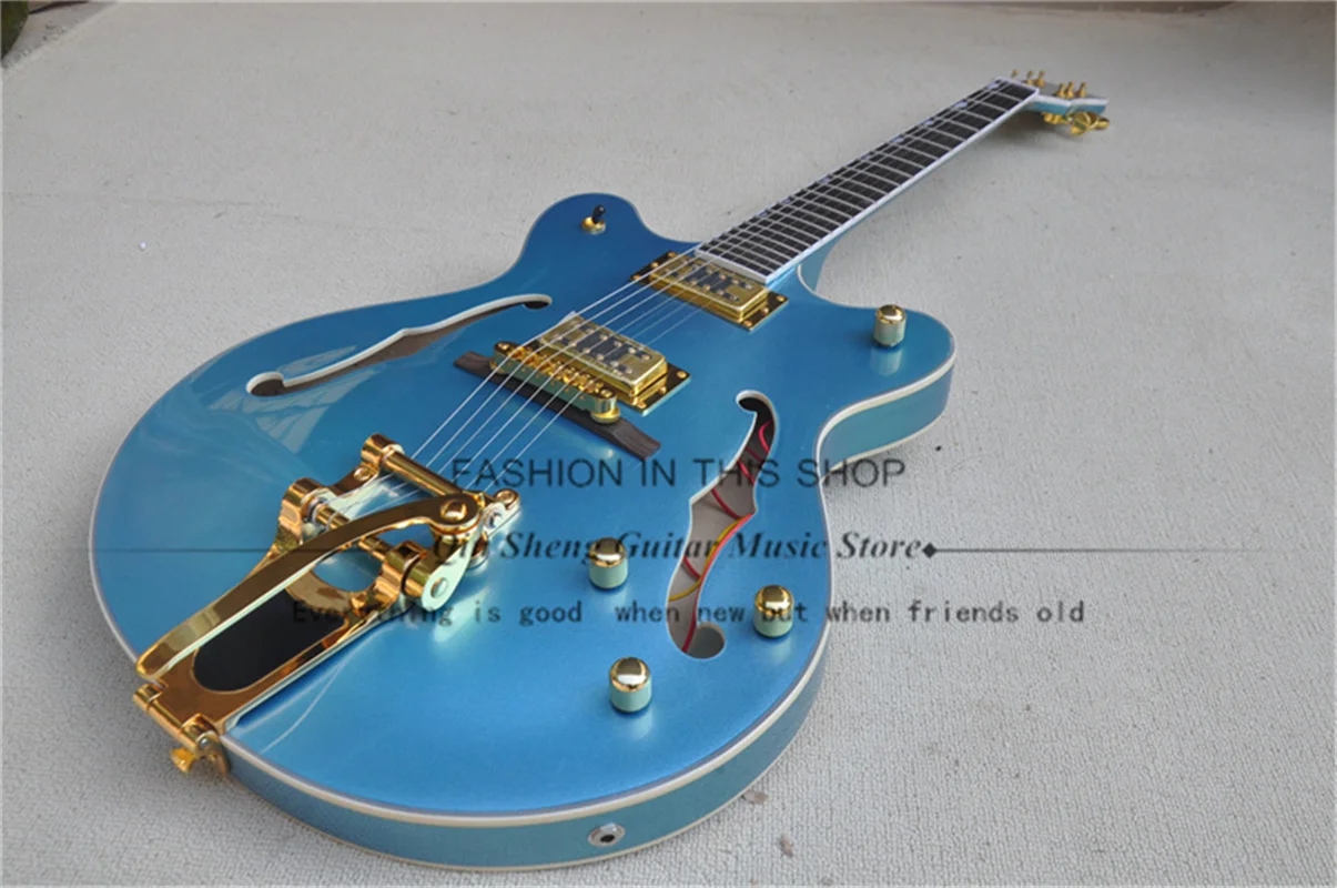 

Metallic Blue Electric Guitar 6122 Guitar Semi-Hollow Body Gold Tremolo Bridge 22 Frets Rosewood Fingerboard Gold Pickups