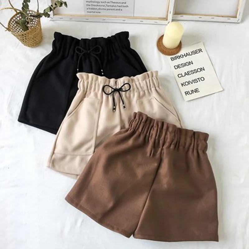 2023 New High Waist Wide Leg Black Brown Shorts Women Spring Autumn Solid Color Short Casual Ladies Woolen Shorts Elastic