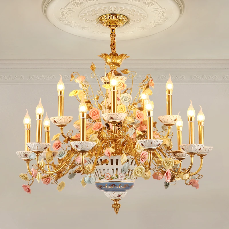 Французская винтажная керамическая латунная люстра с цветами Европейская