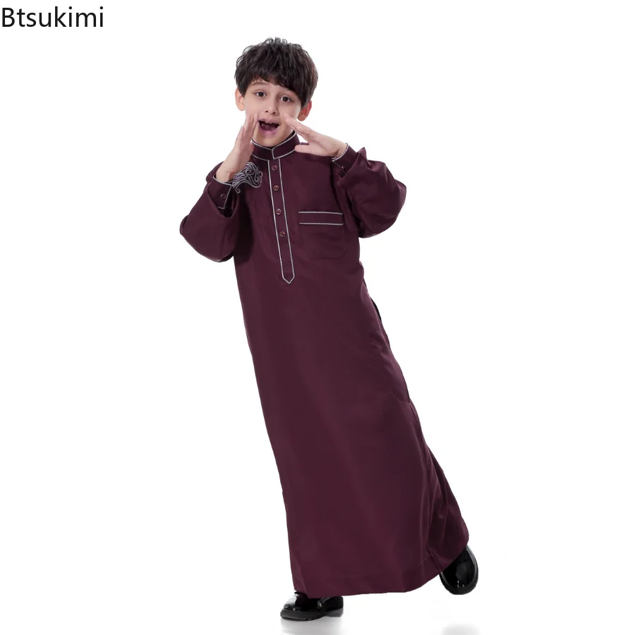 2023 Muslim Boys Kids Children Teens Saudi Robe Jubba Thobe Arab Dress Islamic Clothing Abaya Ramadan Middle East Prayer Wear