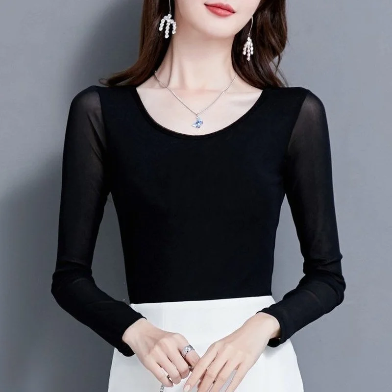 

Autumn T Shirt 2023 High Elastic Round Neck Mesh Tops Long-sleeved Black T-shirt Fashion Women Bottoming Shirt Feminina E383