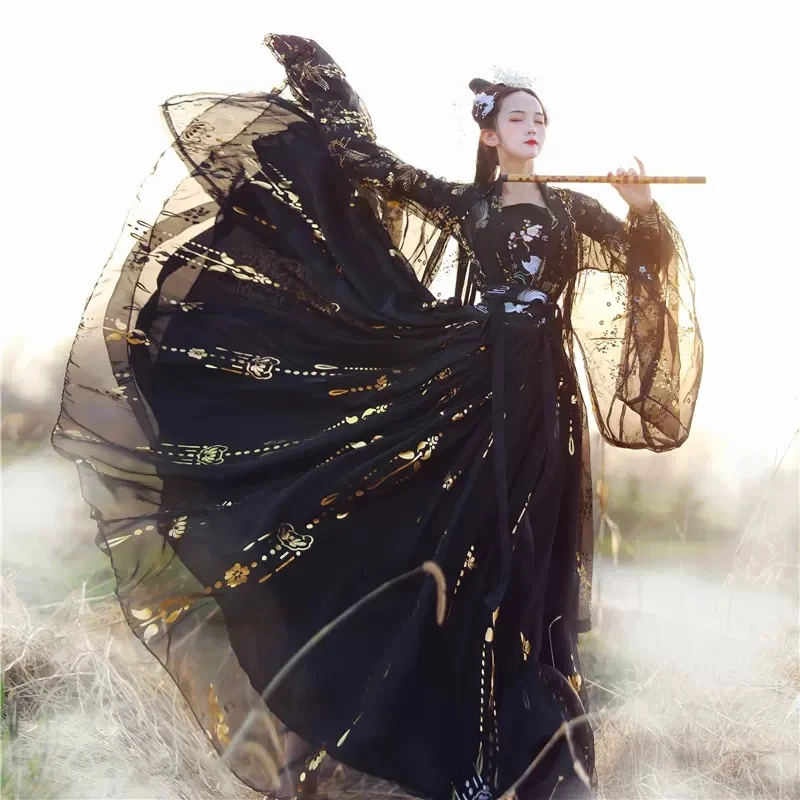 

XinHuaEase Chinese Traditional Hanfu Women's Folk Dance Costumes Fairy Princess Dresses Retro Girl Cosplay Black White Crane New