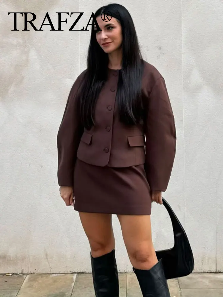 TRAFZA Женская мода Однотонный комплект из 2 предметов с круглым вырезом