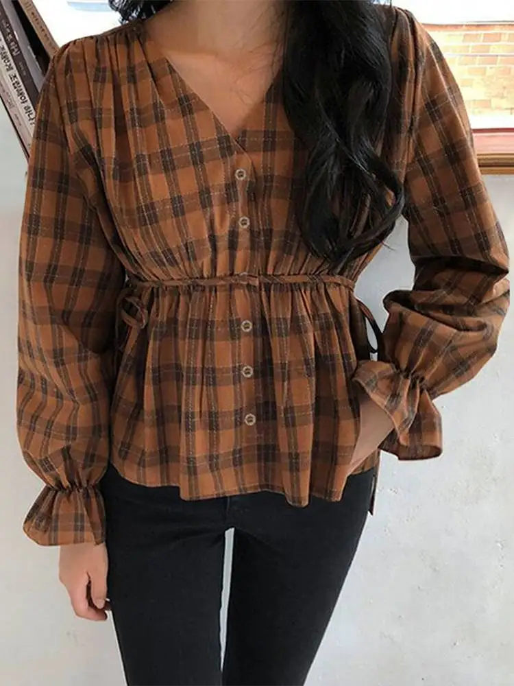

Women Vintage Plaid Checked Blouse ZANZEA Spring V Neck Long Sleeve Tops Retro Ruffles Shirt Drawstring Party Blusas Chemise