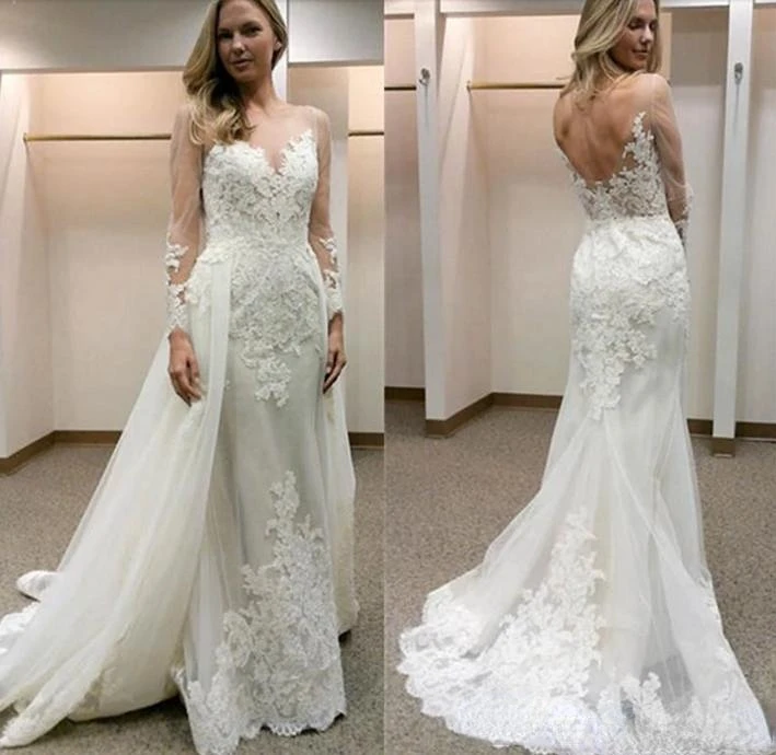 

Hot Sale Detachable Train Wedding Dresses Bridal Gowns Sheer Neck with long Sleeves Applique Lace Hollow Back New Wedding Gowns