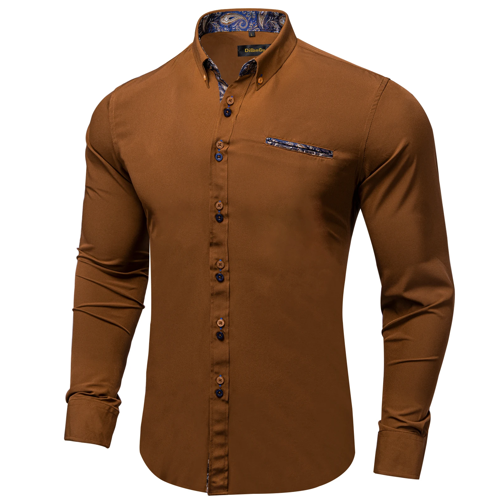 Brown Solid Casual Shirts For Men Blue Paisley Color Contrast Fashion Dress Shirt Luxury Designer Men Clothing