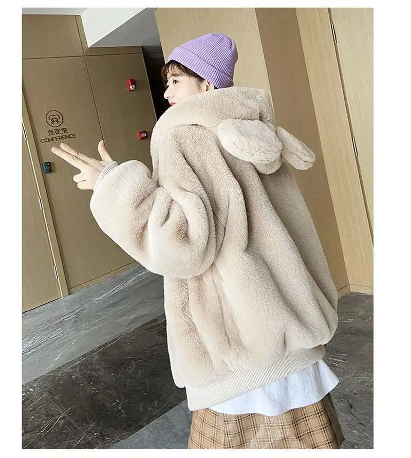 Japanese Kawaii Women's Coat Winter Teddy Bear Jackets Fashion Loose Plus Velvet Thick Hooded Furry Women Faux Fur Jacket Brown