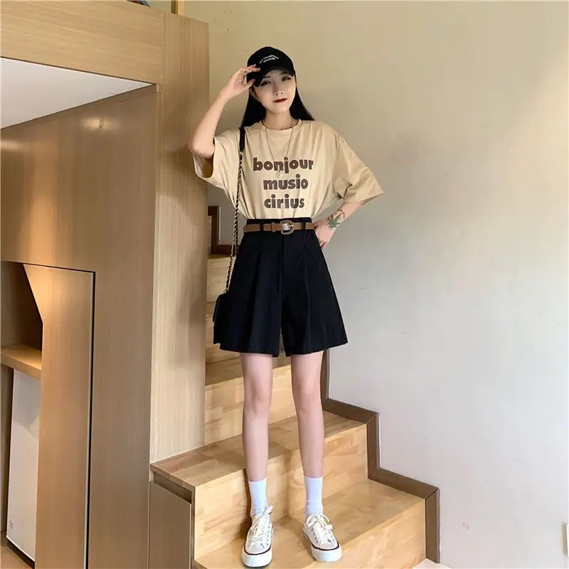 Khaki Suit Shorts Women Summer New Fashion Button Baggy Wide Leg Half Pants Korean Style Casual Female Clothing Plus Size