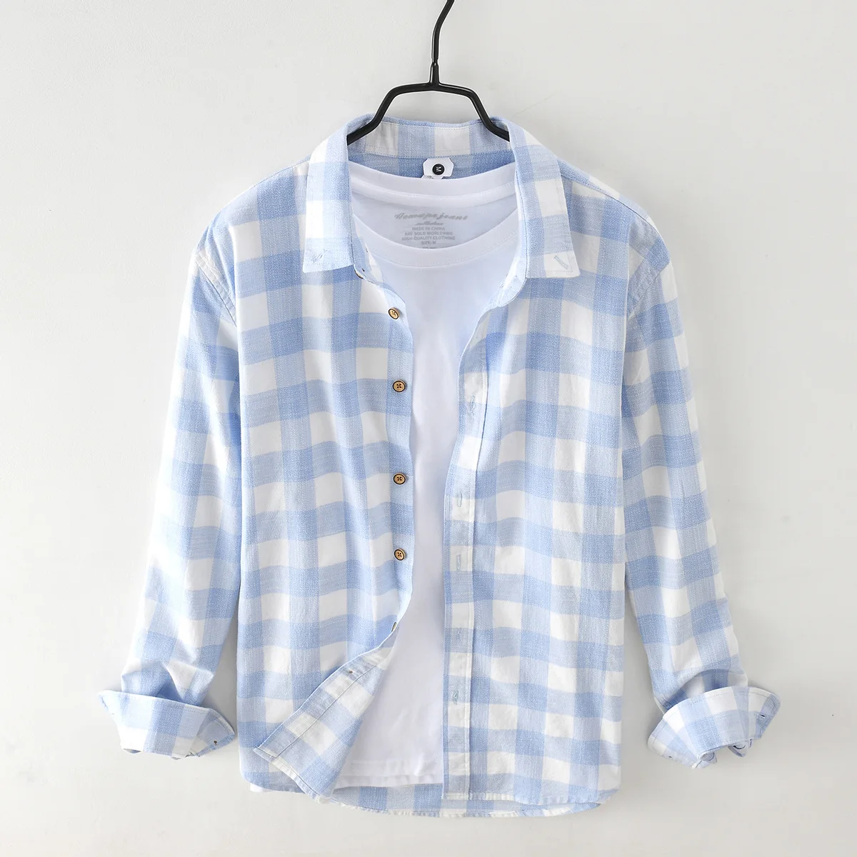 

Men Summer Plaid Shirts Long Sleeve Casual Wild Trendy Cotton Simple Top Male Blue Button Up Retro Korean Clothes