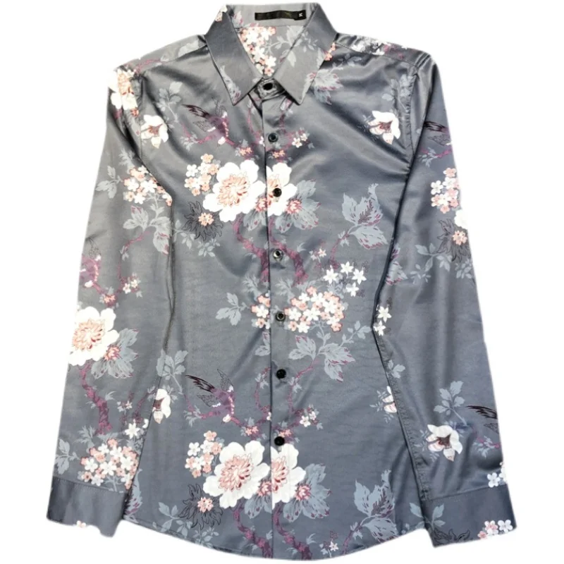 Floral Print Shirts for Me's 2021 Autumn Long Sleeve Casual Slim Fit Shirt Business Dress Shirts Tops Social Party Chemise Homme