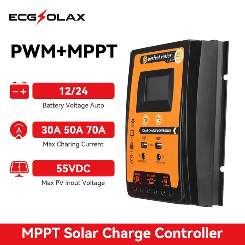 

ECGSOLAX MPPT 30A 50A 70A Solar Charge Controller 12V 24V Battery Charger Solar Regulator With LCD Display Dual USB 5V Output