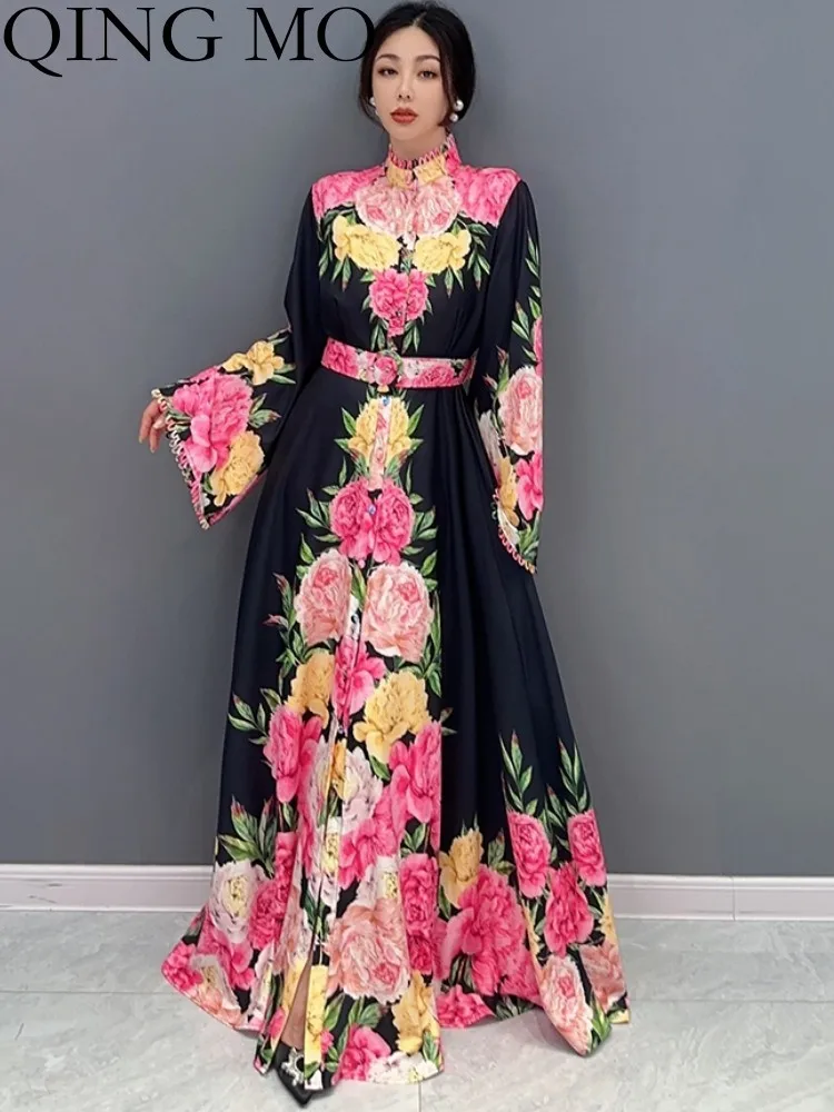 QING MO 2023 Summer New Chinese Style Floral Dress Women Casual Waist Full Sleeve Dress Female Long Length ZXF2663
