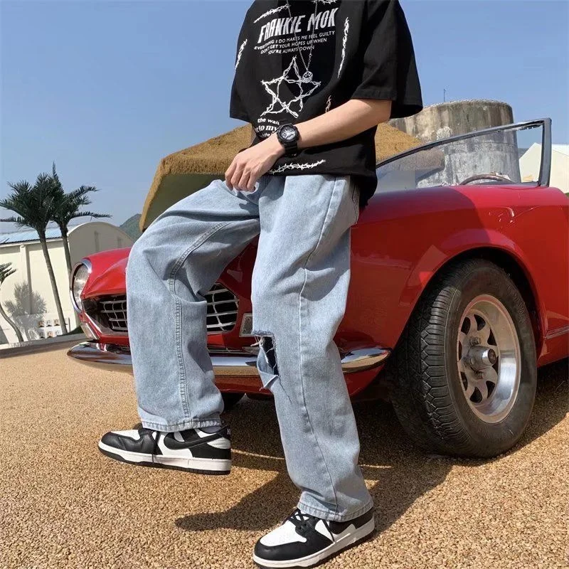 Summer Ripped Blue Jeans Men Fashion Casual Straight Baggy Jeans Men Streetwear Loose Hip Hop Hole Denim Pants Mens S-5XL