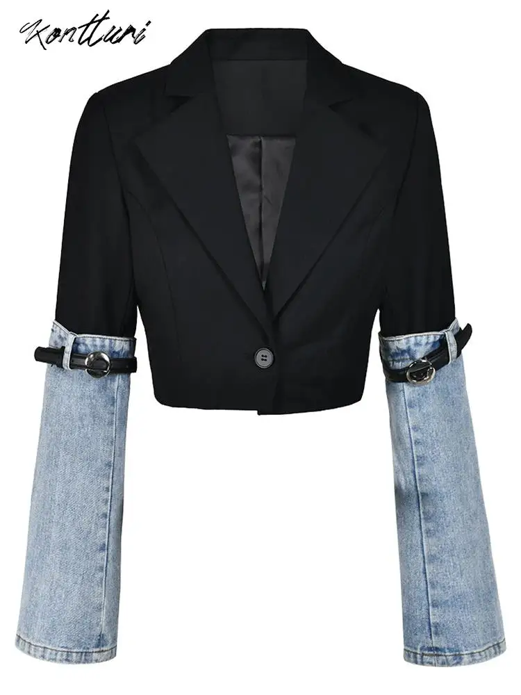 Женский Джинсовый блейзер Kontturi укороченный повседневный черный с отложным