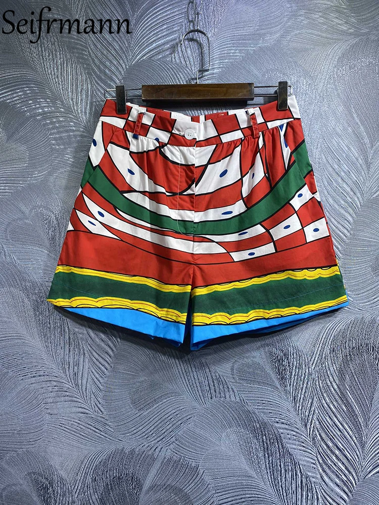 

Seifrmann High Quality Summer Women Fashion Runway Shorts High Waist Multicolor Colorblock Printed Ladies Cotton Shorts Bottoms