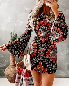 Womens Dress, Sexy, Mini Skirt, Flower Print, Trumpet Sleeve Casual Wear, Casual Womens Clothing