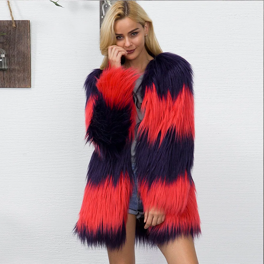Women's Leather Fur Coat Fall Winter Fashion V-neck Imitation Fur Contrast Color Coat Women's Mid-Length Furry Top Faux Fur Coat