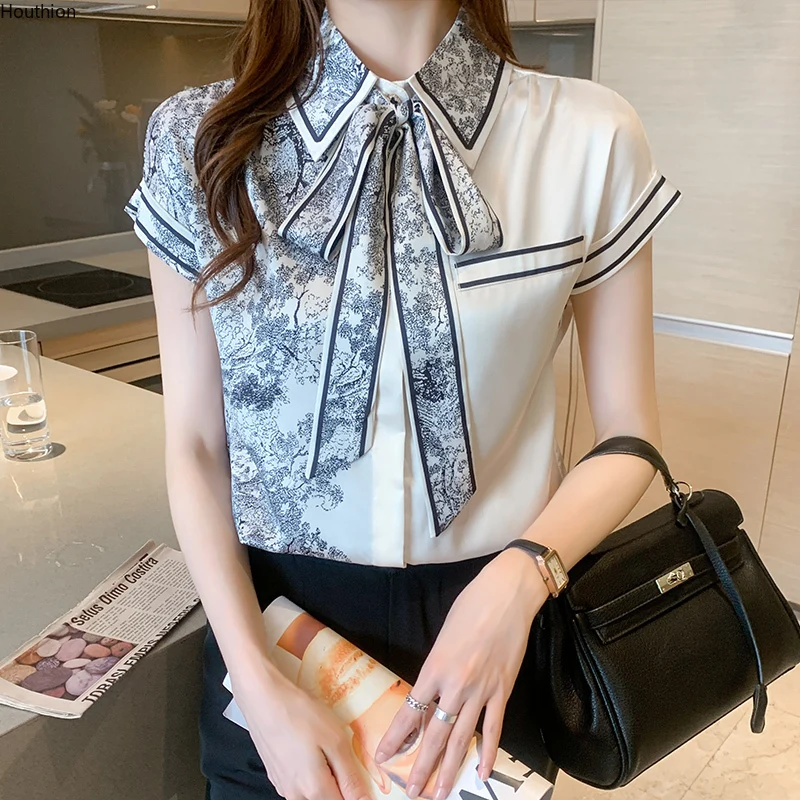 

poplin Loose Women Blouse New Casual Fashion Short Sleeve Top Stitching Bow Collar Shirt Summer Houthion