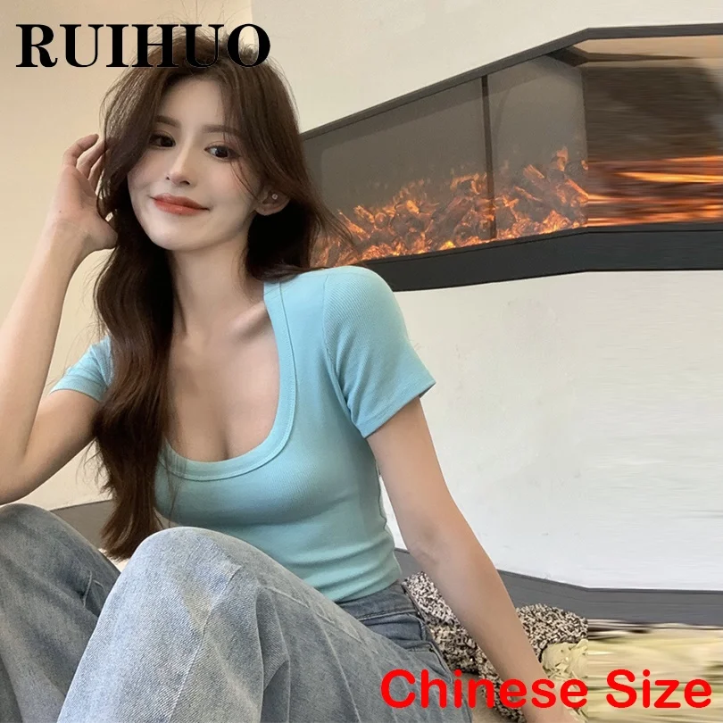 

RUIHUO Однотонная футболка Женская Бесплатная доставка 2022 Топ летняя одежда для женщин футболка китайский размер