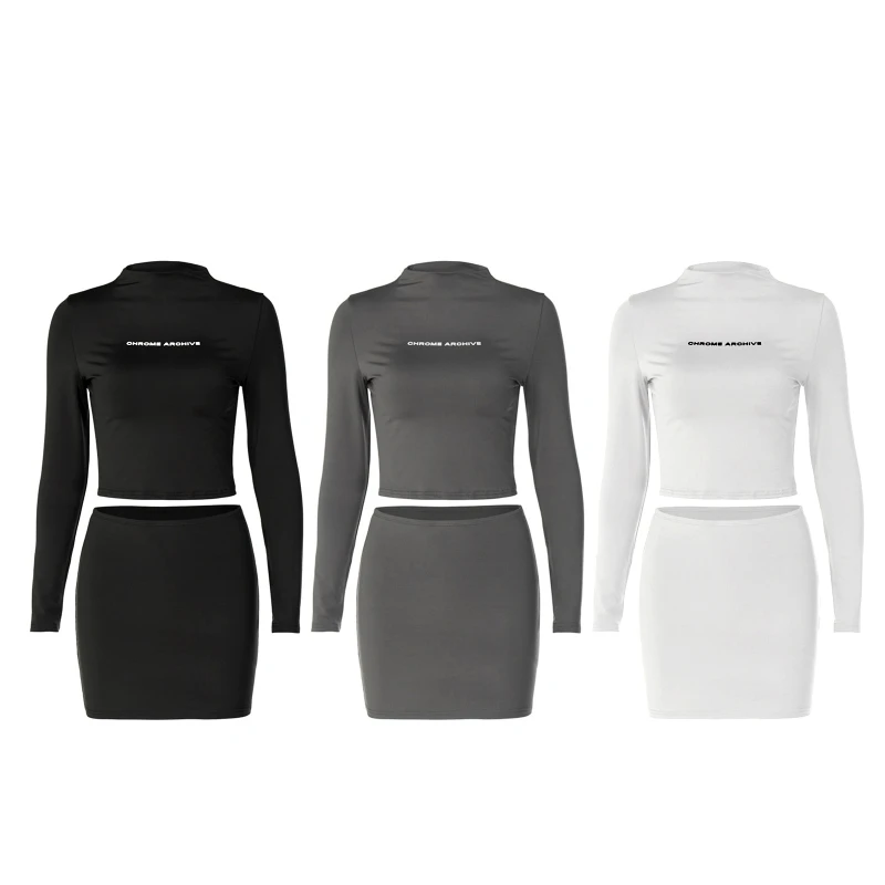 

Fashion Matching Suit Women's Two Pieces Outfit Long Sleeves Crop Top Mini Skirt