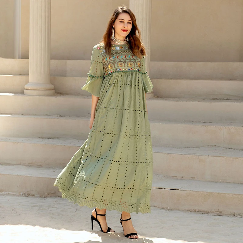 Embroidery Sequins Long Dresses For Women Muslim 2022 O Neck Abayas Dubai Caftan Arabic Luxurious Evening Loose Islamic Dresses