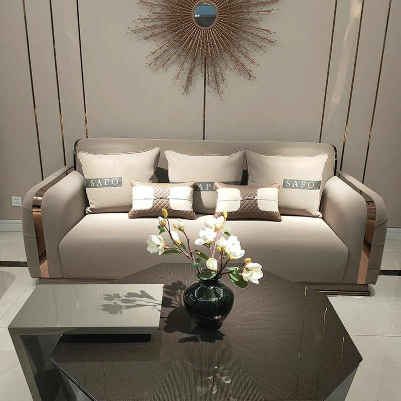 

Italian Minimalist Light Luxury Leather Sofa Large Apartment Bentley Pull Buckle Living Room Combination Solid Wood Furniture