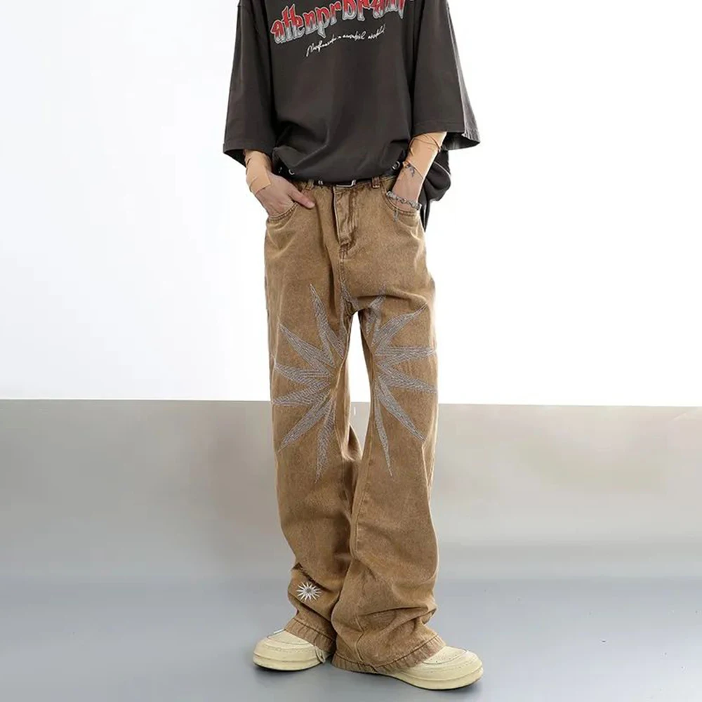 Men Street Hiphop Y2K Embroidery Stars Jeans Straight Loose Fit Pants Fashion Baggy Jeans Denim Oversize Trousers