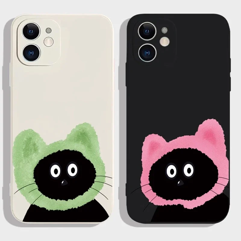 Cute Cartoon Black Cat Couple Phone Case For iPhone 16 15 11 12 14 13 Pro Max Mini XS XR 8 Plus SE Kawaii Animal Cellphone Cover