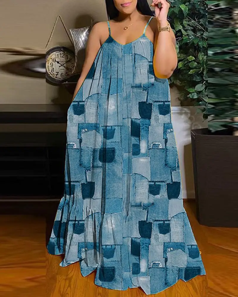 

Denim Look Print Ruffle Hem Maxi Dress Women Loose Spring Summer Sleeveless Floor Length Dress V Neck High Waist