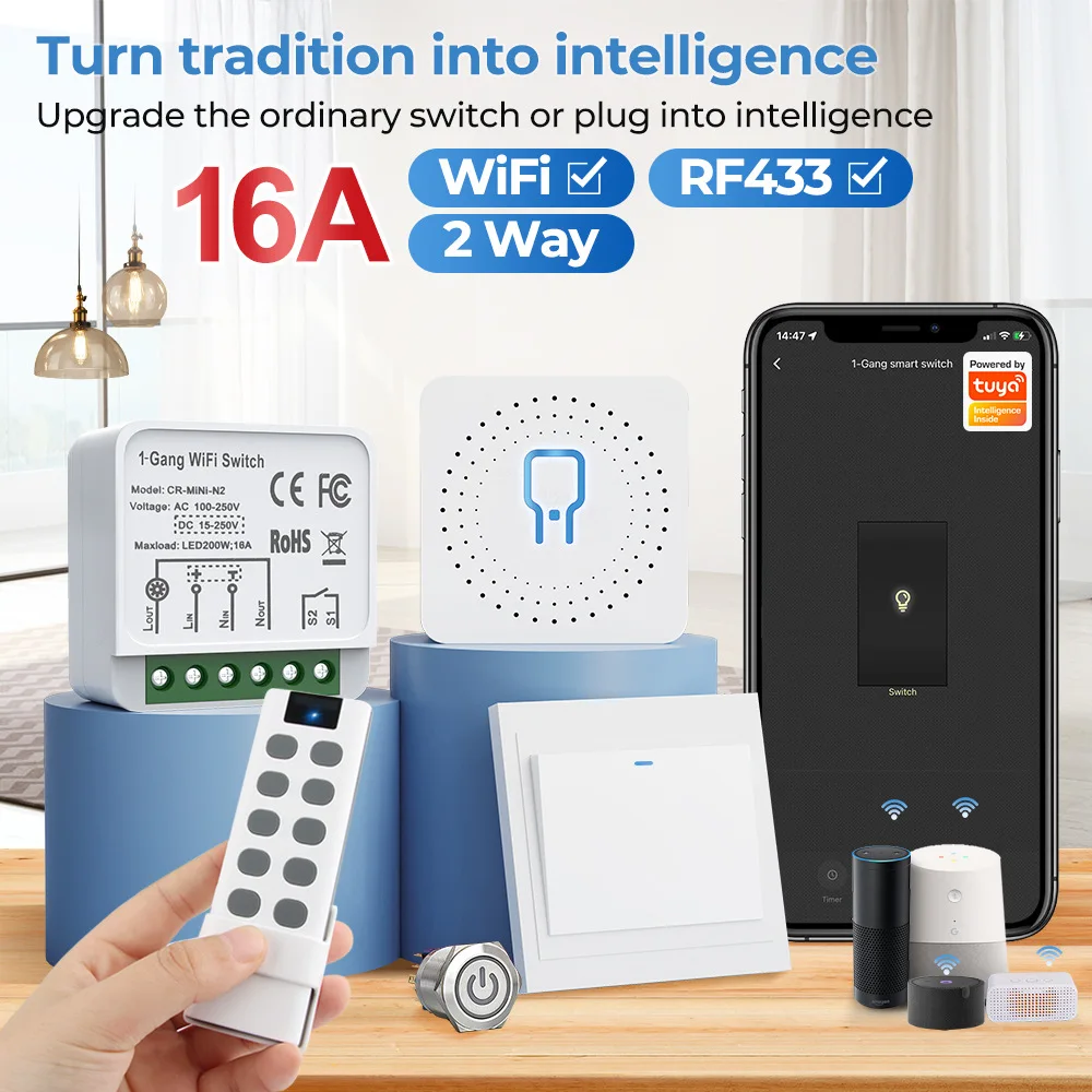 

Tuya Smart WiFi Intelligent Wireless RF433 Switch Module with Modified Remote Control Switch Light App Voice Timing Function