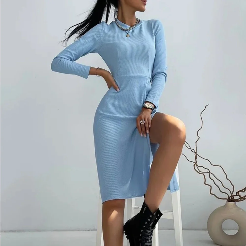 

Autumn Long Sleeve Casual Dress Women O-neck Fashion Slim Slit Knee-length Dress Blue Pink Woman Dresses Women's Clothing New