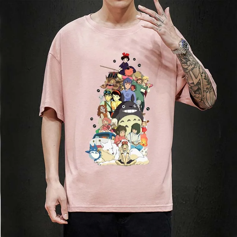 

Harajuku Japanese girl style kawaii aesthetic Spirited Away cartoon printed men cotton T-shirt street lovers loose Tees shirt