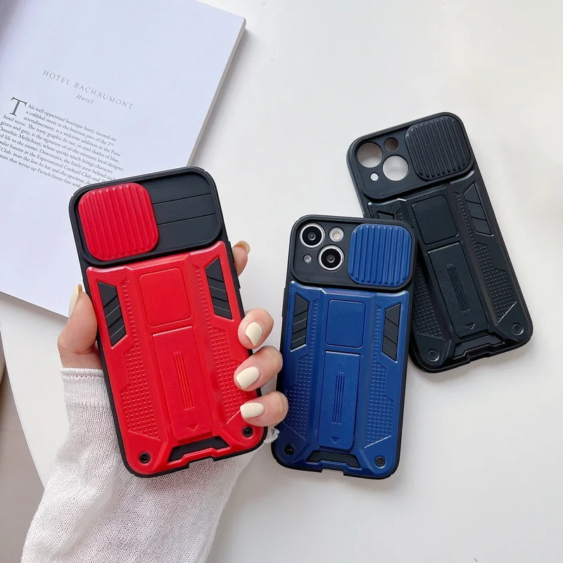 

Slide Camera Lens Protection Case For iPhone 11 12 13 Pro Max XS Max X XR 7 Plus 8 Plus SE 2022 Stand Shockproof Bumper Cover