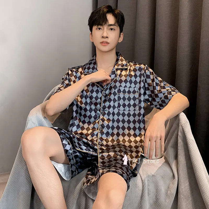 Men Pajama Sets Silk Satin Pijama Turn-down Collar Sleepwear Short Sleeve Spring Nightwear 2 Pieces Sets Homewear L-5XL