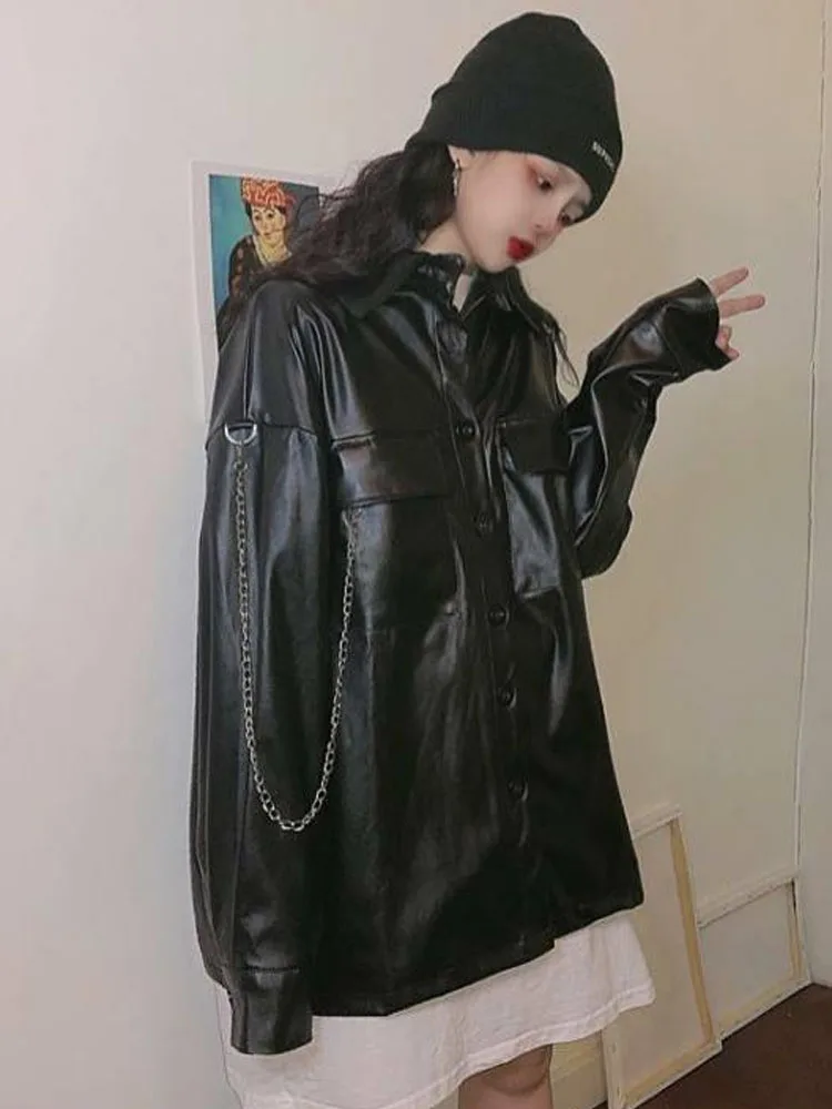 Autumn Black Women's Motorcycle Leather Jacket Korean Fashion Loose Thin Casual Biker Coat Outerwear Ladies Streetwear Chic Top