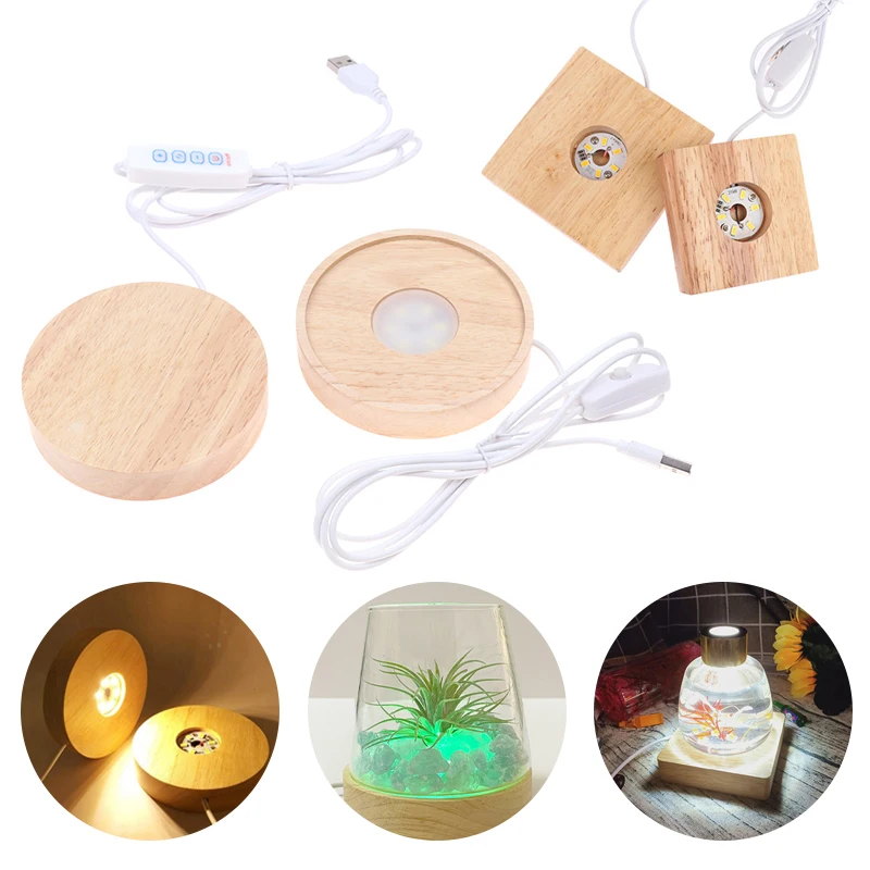 

Wooden LED Light Dispaly Base Crystal Glass Resin Art Ornament Wood Night Lamp Base Holder LED Light Rotating Display Stand