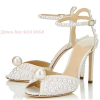 peep toe pearl wedding heels sandals women ankle wrap white bride sandals evening pumps casual party 2022 womens summer sandals