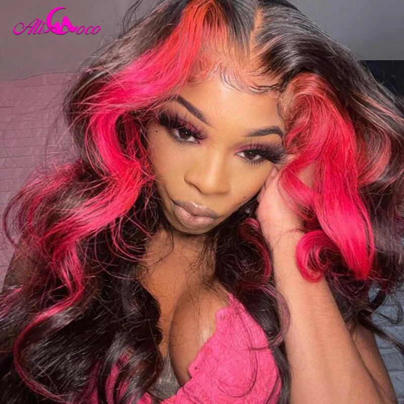 Sunk Sripe Pink Root 13x4 Body Wave Lace Front Wig HD Transparent Lace 180% Density Pink Highlight Human Hair Wig Pre Plucked images - 6