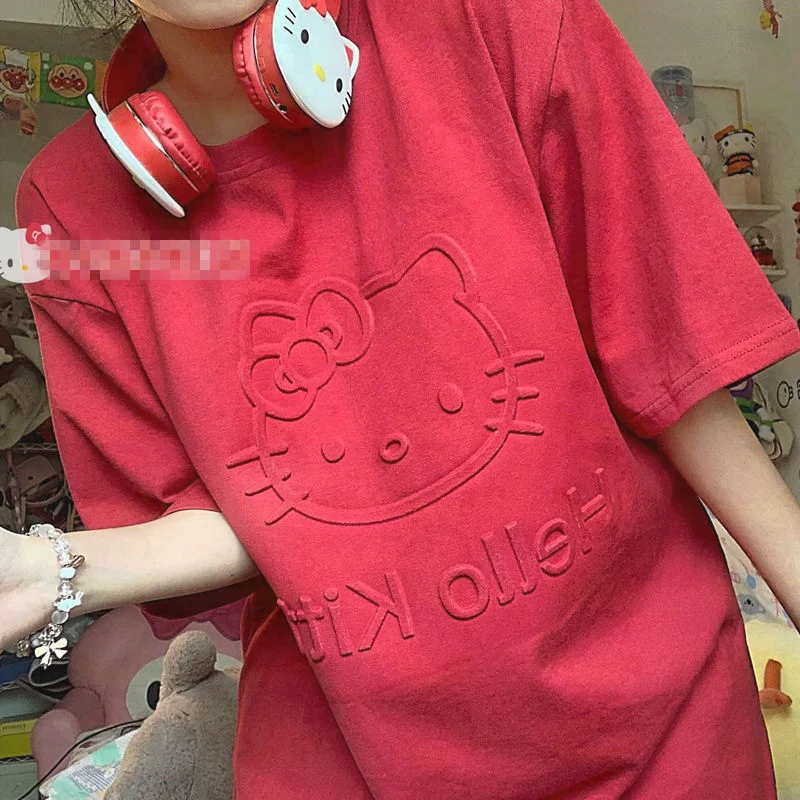

Fashion Summer New Kt Cat Loose Short Sleeve Cute Sanrioed Hello Kittys Rose Red Sweet Student Round Neck Shirt Short Sleeve