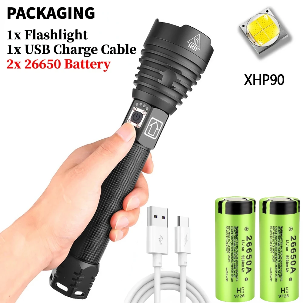 

Тактический фонарик XHP90 черный 26650 USB