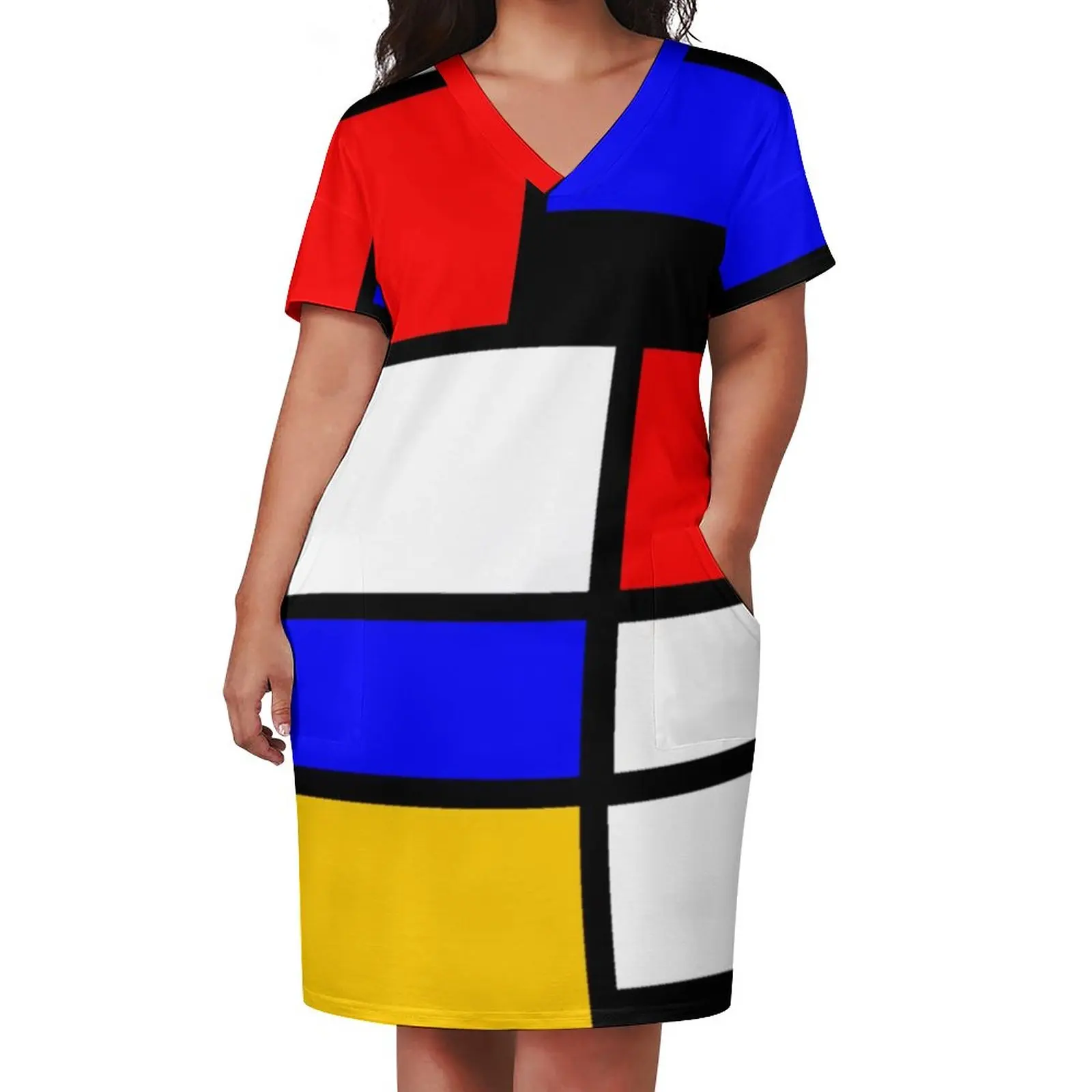 

Multi Geometric Print Dress Plus Size Art Mondrian Style Street Wear Casual Dress Summer V Neck Kawaii Dresses Birthday Present