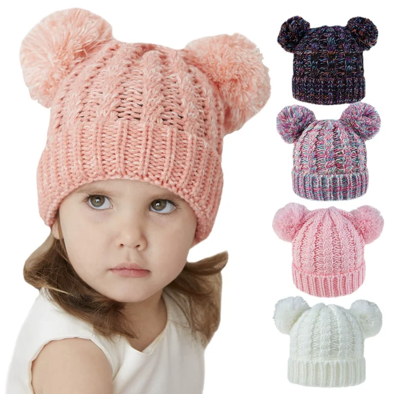 

New Fashion Double Hairball Solid Color Baby Pompom Cap Keep Warm Outdoor Children'S Winter Hat Beanie Hat skullies beanies