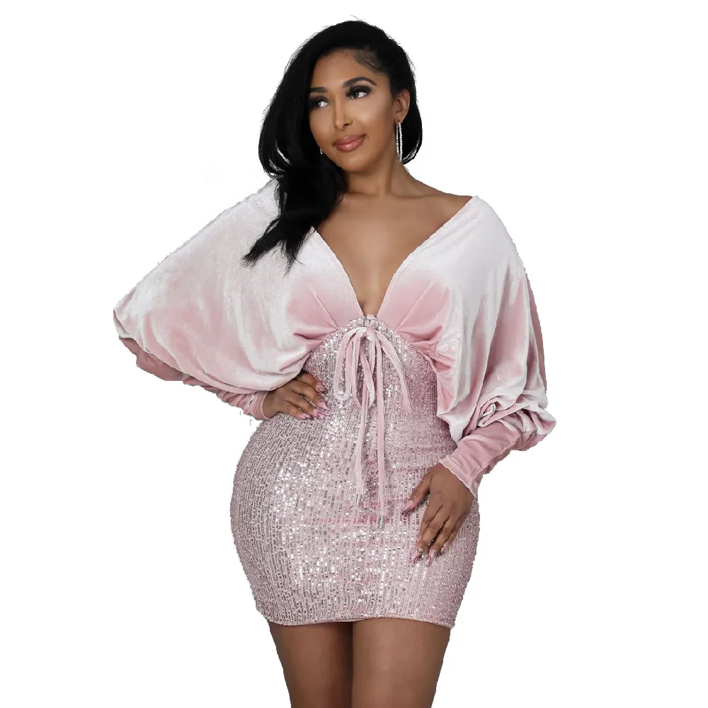 Women Sequined Evening Dress Deep V-neck Puff Long Sleeve Slim Party Dress Sexy Fashion Mini Nightclub Dresses