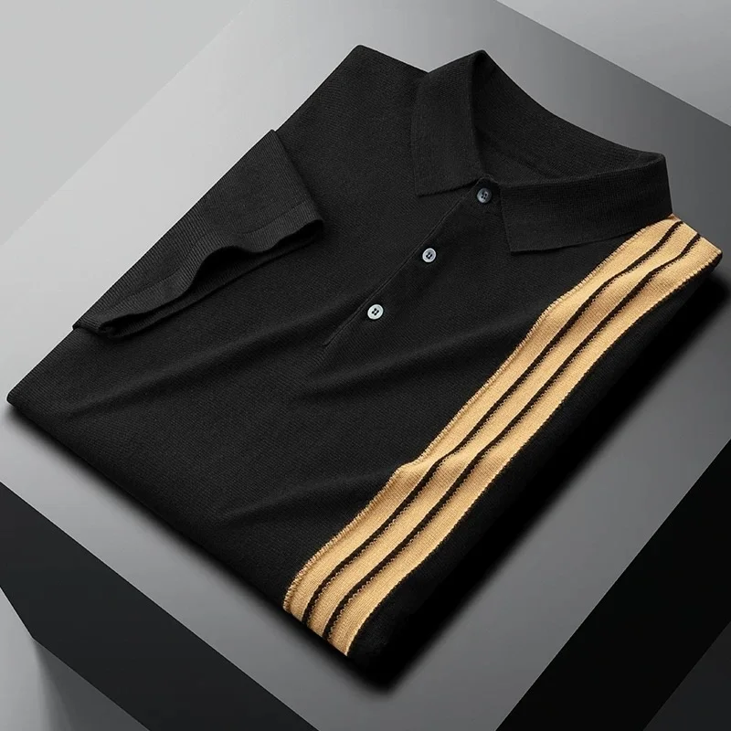 

quality High ice silk knitted polo men's short sleeve summer fashion color blocking Korean casual T-shirt Lapel business top