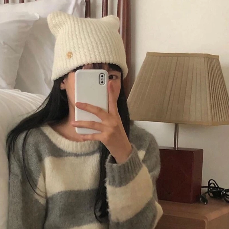 Взрослая вязаная шапка с кошачьими ушками для девочек-подростков женская